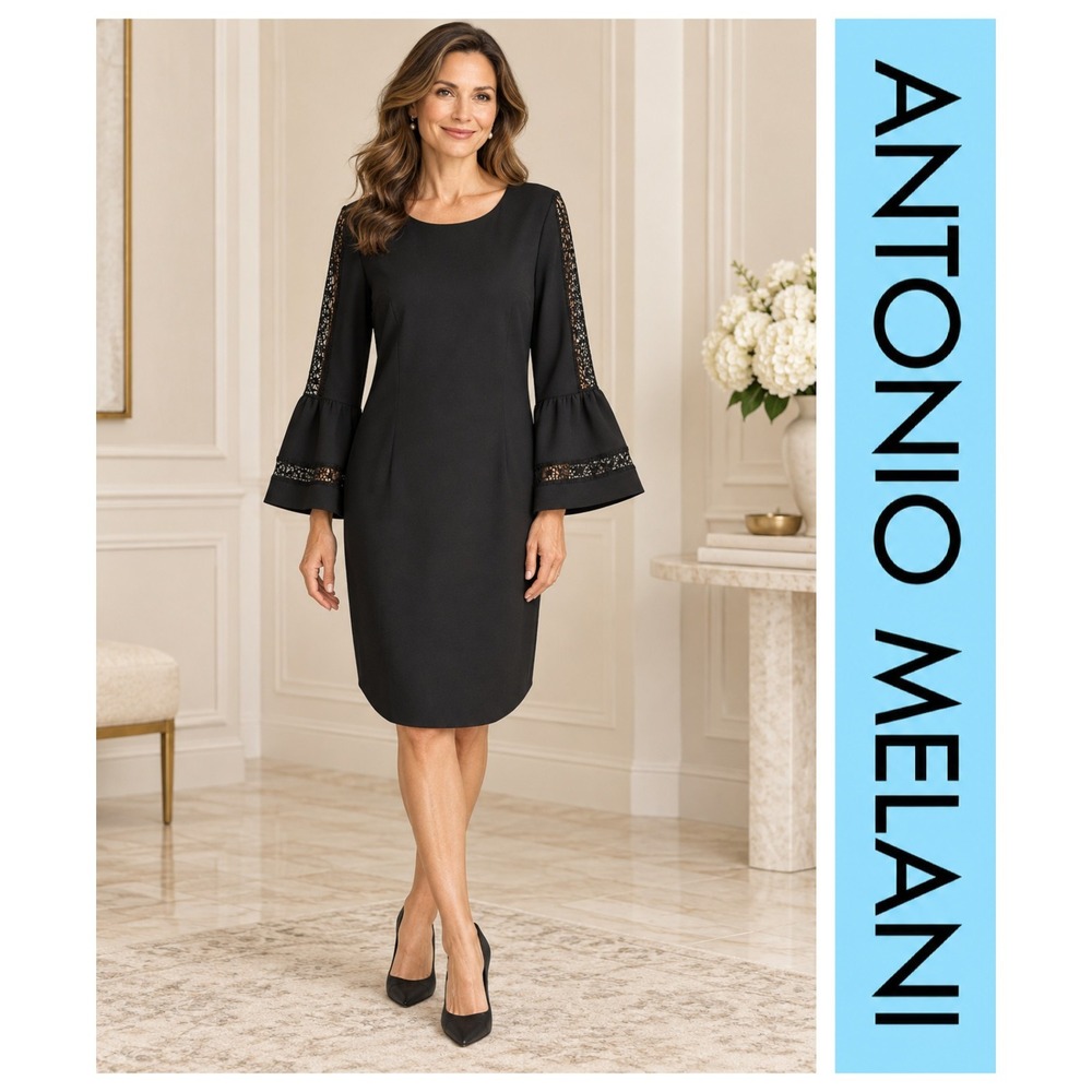 Antonio Melani Tyler Black Knit Bell Sleeve Career Evening Event Sheath Dress 12